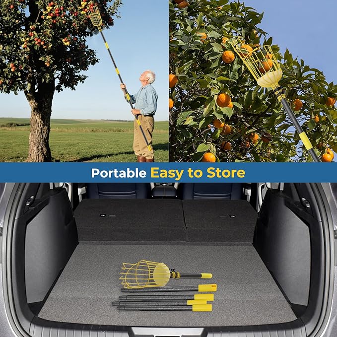 Fruit Picker Pole Tool – Ladder-Free Harvesting Aid, Safe for Elderly and Children, Durable Stainless Steel Design – Adjustable Long Pole Picker for Apples, Avocados, Oranges, Grapefruit, Plums, Pear