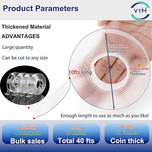 4Rolls Thicker 2mm, Nano Double Sided Mountinging Heavy Duty Tape, 2 Sides Sticky Tack Tape for Painted Walls AC Hanging Clear, 0.7in×10fts, 40fts Total Long (Thicker. 4 pack×0.7''×10fts)