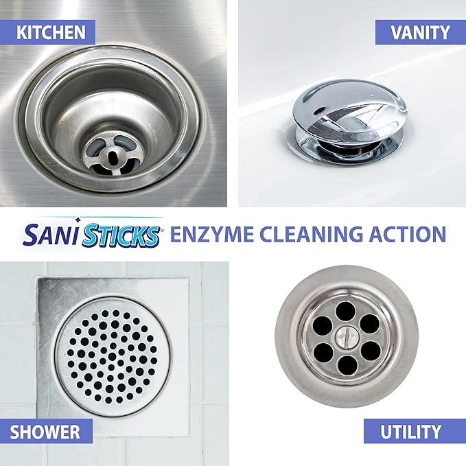 SANI 360° Sani Sticks Drain Cleaner and Deodorizer, 24 Count, Lemon Scent Enzyme Pipe Cleaners, Eliminate Odors, Prevent Clogged Drains, Safe for Sinks, Bathtub Drains, Septic Tanks