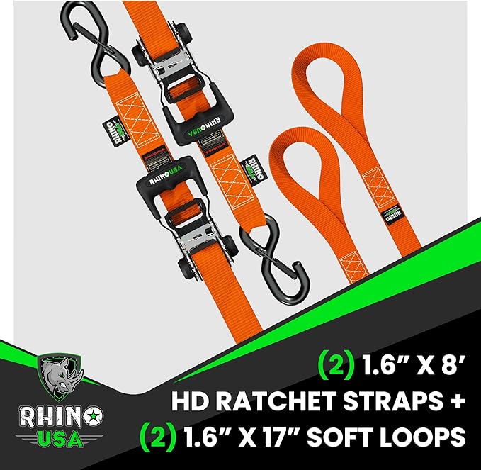 Rhino USA Ratchet Straps Heavy Duty Kit (2-Pack) - 1.6 Inch x 8 Feet (5,208lb Break Strength) - Ultimate Tie Down Straps with Safety S Hooks for Trucks, ATV, UTV, Motorcycle, Cargo & More - Orange