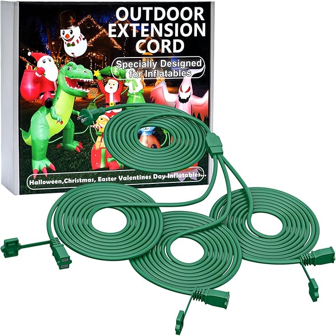 25Ft 3 Outlets Green Outdoor Extension Cords for Halloween Christmas Inflatables Blow Ups Yard Waterproof Outside with Multiple Outlets Extension Cord Power Splitter for Christmas Lights Decorations