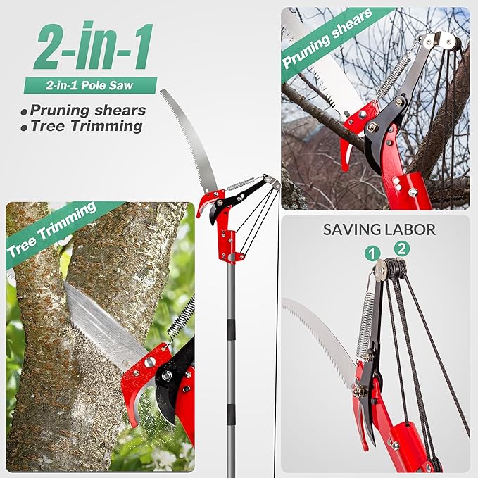 Suchtale 10ft Pole Saw, Manual Tree Pruner with Sharp Steel Blade, Trimmer with Scissors and High Strength Lightweight Handles for Pruning High Branches, Shrubs and Twigs at Forest Yard Garden Patios