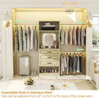 Unikito 48" W - 96” W Closet System with Mirror, 8FT Walk in Closet Organizer Kits with Drawers and 3 Extendable Hanging Rod, Sturdy Wood Garment Rack with 25” Tower, Max Load 1000 LBS, White Oak