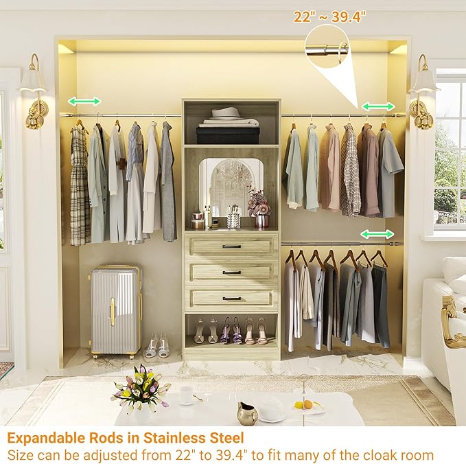 Unikito 48" W - 96” W Closet System with Mirror, 8FT Walk in Closet Organizer Kits with Drawers and 3 Extendable Hanging Rod, Sturdy Wood Garment Rack with 25” Tower, Max Load 1000 LBS, White Oak