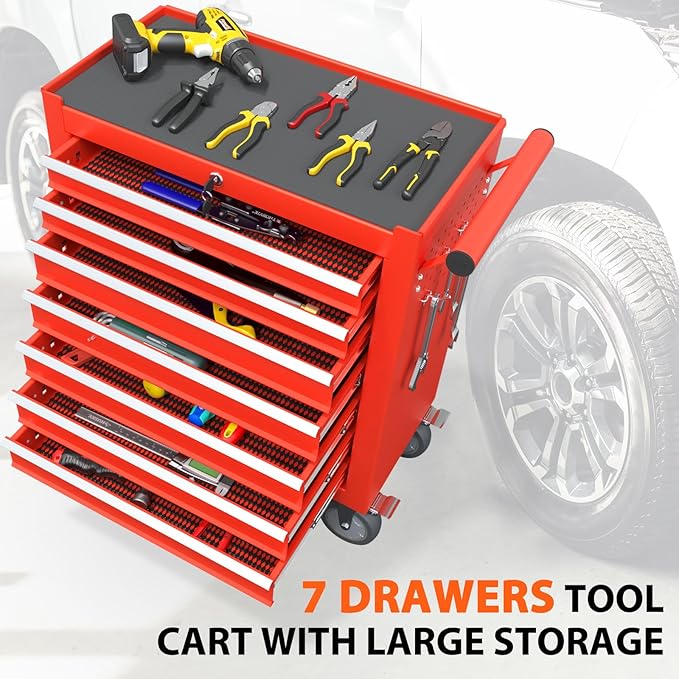 7-Drawer Rolling Tool Chest, Tool Box with 4 Wheels and Drawers, High Capacity Detachable Mobile Tool Storage Cabinet for Garage, Workshop, Mechanics and Repair Room (Red)