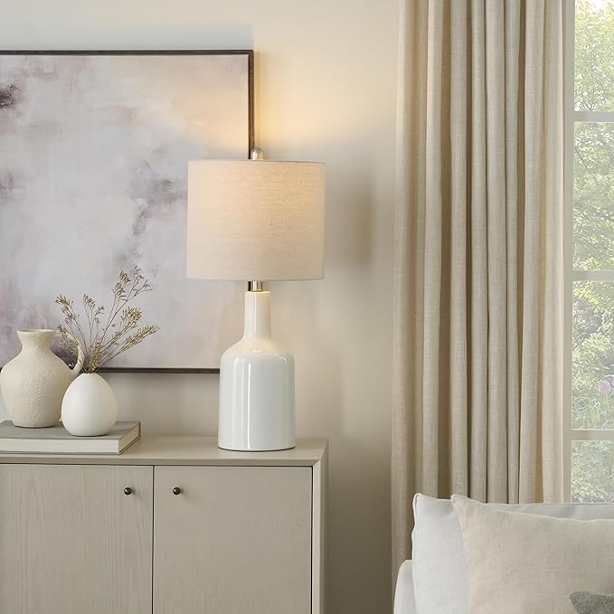 Nourison Home 22" Glossy White Ceramic Table Lamp for Modern, Transitional, Bedside Table, Living Room, Dining, Entryway