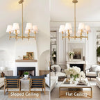 27'' Gold Chandelier Chandelier for Dining Room with White Fabric Shades, 6-Light Modern Farmhouse Chandelier Adjustable Brass Pendant Light Fixture for Living Room Kitchen Entryway Foyer