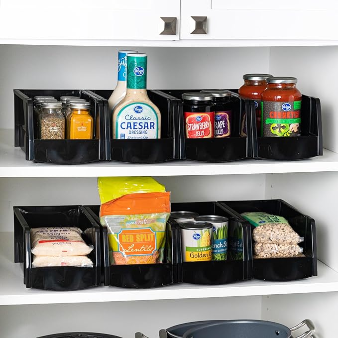 IRIS USA Medium Stackable Storage Bins, 4-Pack, 11" L x 6" W x 5" H, |Made in USA|, Plastic Open Front Shelf Bin for Organizing Parts, Hardware, Tools, Supplies, Garage Shelf, Pantry - Black