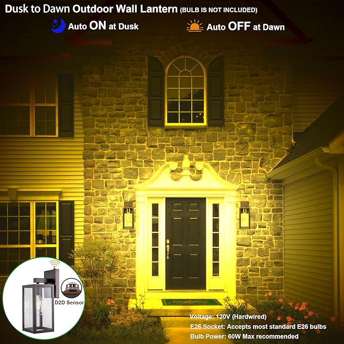 GRUENLICH Dusk to Dawn Large Outdoor Wall Lantern, Wall Sconce as Porch Lighting Fixture, E26 Base Max 60W, Metal Housing with Glass Shade (Oil Rubbed Bronze, 1-Pack)