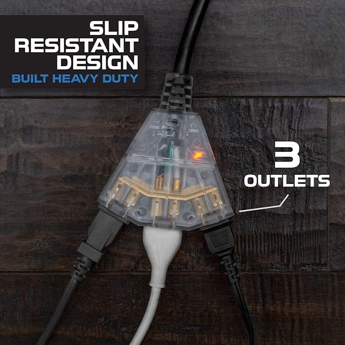 Iron Forge Cable 12 Gauge Extension Cord with Multiple Outlets - Black Heavy Duty Extension Cord 50 ft - 12/3 SJTOW, 3 Prong Lighted Outlet Cords