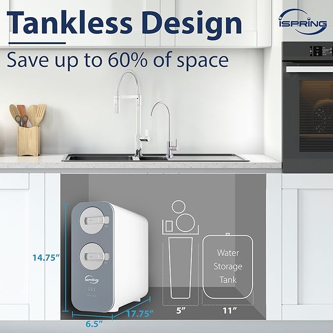 iSpring RO800G Tankless Reverse Osmosis System, 800 GPD Under Sink Water Filter with 2.5:1 Pure to Drain Ratio, TDS & PFAS Reduction, Space Saving Design, Includes Brushed Nickel Faucet