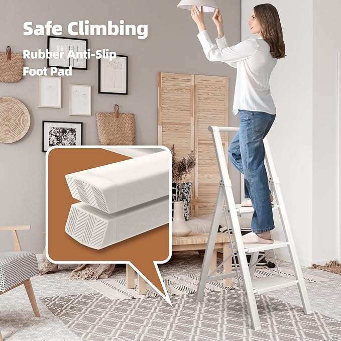 HillhutApex 3 Step Foldable Aluminum Step Ladder with Handgrip, Anti-Slip Pedal, 330 lbs Capacity, Lightweight & Portable for Home, Kitchen, Office, Garage (White)