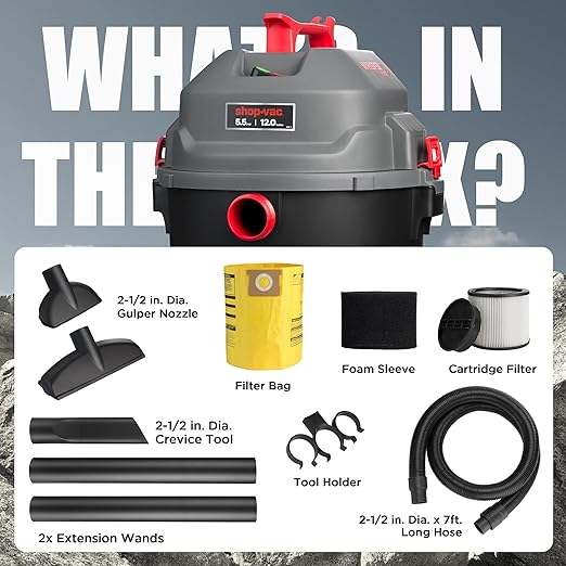 Shop-Vac 5430098 Ultra Quiet Wet/Dry Vacuum, 12 Gallon, 5.5 HP Powerful Suction & Heavy Duty for Jobsite, Garage, Workshop & Home