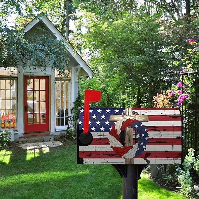 4th of July Patriotic Mailbox Cover Magnetic American Flag Independence Day Mailbox Covers Standard Size 21 x 18 in Blue Red Stars Wreath Post Box Wraps for Garden Yard Decor