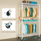 FUTASSI P1 Heavy Duty Garment Rack, 3 Tiers Adjustable Rolling Metal Closet Organizer with Lockable Wheels, FreeStanding Wardrobe with Double Hanger Rods & 1 Pair Hooks, Max Load 450 LBS, White