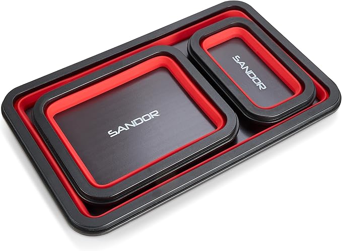 Collapsible Magnetic Parts Tray Set - 3 Different Size Tool Trays for Screw, Bolts, Nuts, Washers, Pins and Other Small Metal Parts, Mechanic Tool Gifts for Men - Red