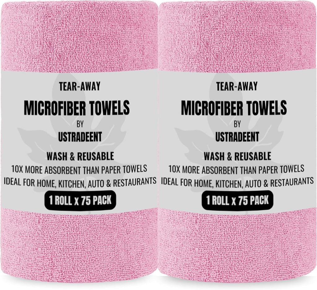 Microfiber Cleaning Cloth Roll -75 Pack - 2 Rolls, Tear Away Towels, 12" x 12", Reusable Cleaning Rags and Microfiber Towels for Cars, Garage and Household Supplies (Pink)