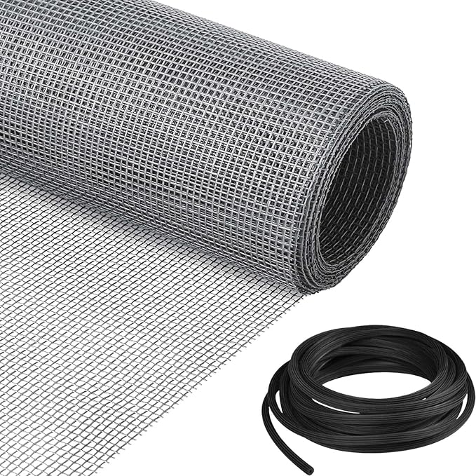 Window Screen Replacement Kit, 59"W × 106"L Durable Polyester Adjustable Screen Mesh with Retainer Spline (32ft) for DIY Project Window Screen Door Screen Replacement & Repair, Grey