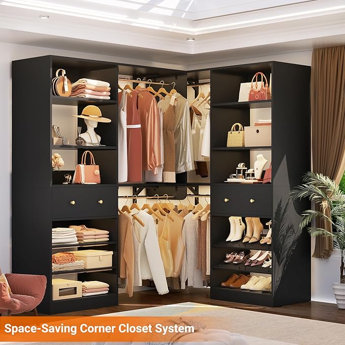 [10 FT Closet System] Reversible Set of 2 Wood Closet Organizer System with 2 Drawers, 4 Hanging Rods Adjustable Shelf, Walk In Closet Organizers with Shoe Rack, Garment Rack Clothes Rack, Black