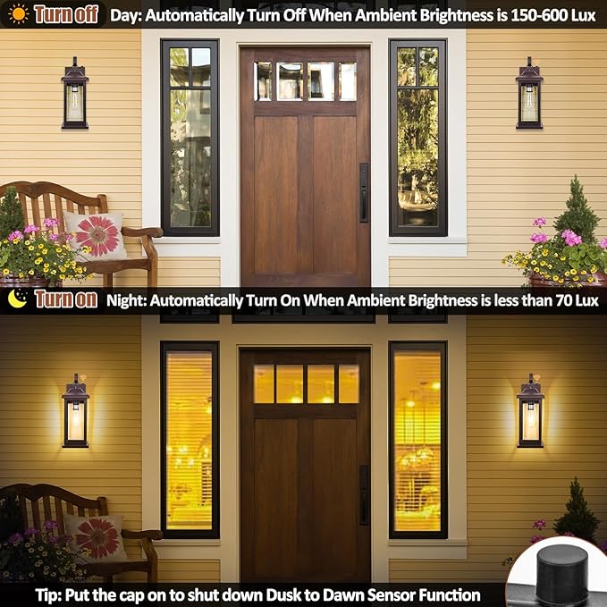 Dusk to Dawn Outdoor Wall Sconces Bronze 2-Pack 17 Inch Large, IP65 Waterproof Exterior Light Fixtures Porch Lights Brown with Clear Tempered Glass E26 Outdoor Light Fixture Anti-Rust