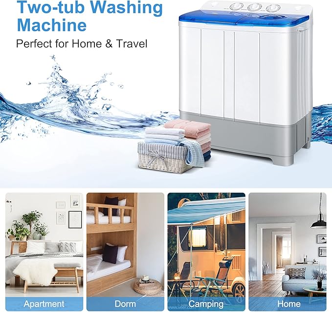COSTWAY Portable Washing Machine, Twin Tub 22Lbs Capacity, Compact Washer(13.2Lbs) and Spinner(8.8Lbs) with Control Knobs, Built-in Drain Pump, Semi-Automatic Laundry washer for Apartment, RV (Blue)