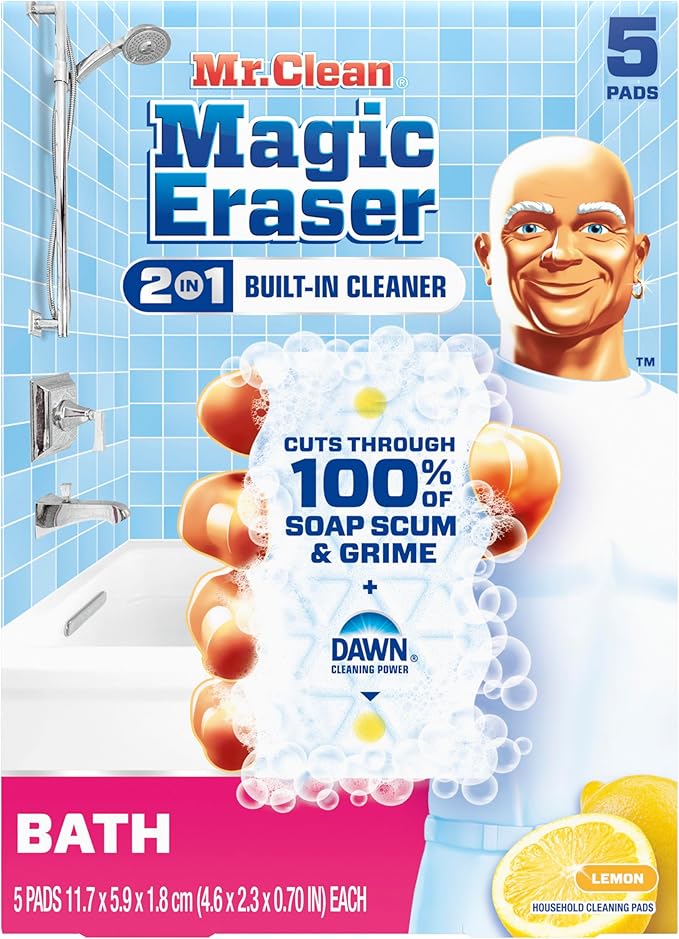 Mr. Clean Magic Eraser Sponge, Bathroom Cleaner, Soap Scum Shower & Tub Cleaner, 2 in 1 Bath, 5ct