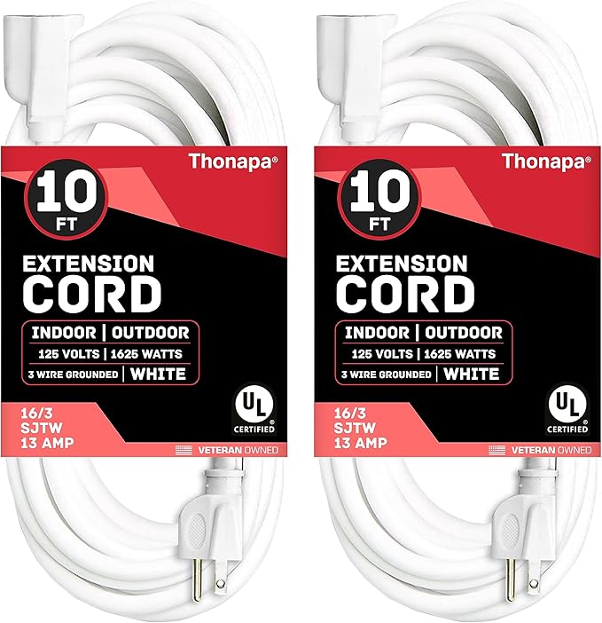 2 Pack White Extension Cord 10 ft, 16/3 SJTW Weatherproof Indoor & Outdoor Extension Cord 3 Prong Grounded Plug, Heavy Duty Power Cable Great for Home, Office, Outdoor Lights, US Veteran Owned