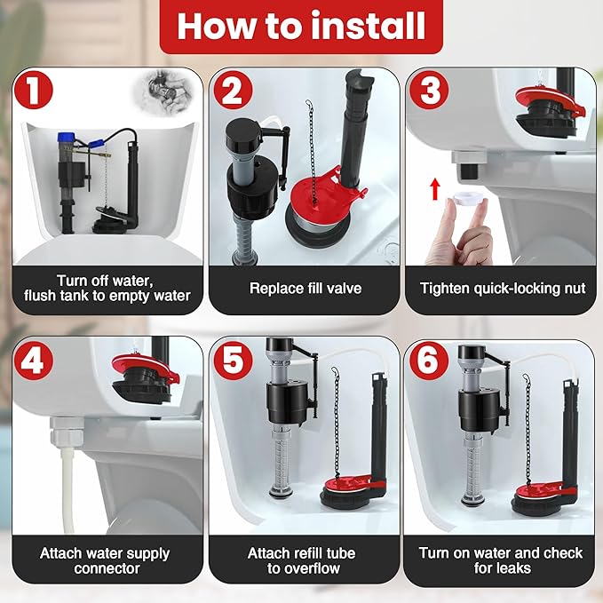 Saillong Universal Toilet Flusher Replacement Kit, Fill Valve, 2-Inch Flapper, Side Mount Handle Lever, Water-Saving, Adjustable Toilet Repair Kit Inside Tank, Easy to Install(1 Set,Black, Red)