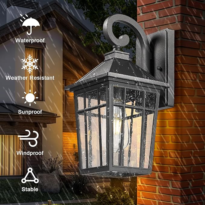 Darkaway Outdoor Wall Lights for House, Exterior Lighting Fixtures Wall Mount Outdoor Porch Lights Waterproof Black Outdoor Sconce Lights with Seeded Glass for Patio Hallway Garage,2 Pack