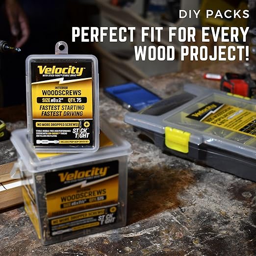 Velocity Interior 2 Inch Wood Screws DIY Pack (Size #8, 75 Pcs) – Zinc and Yellow Coating, Stick-Tight Technology, Screw for Wood Working with PSD ACR Driver Bit