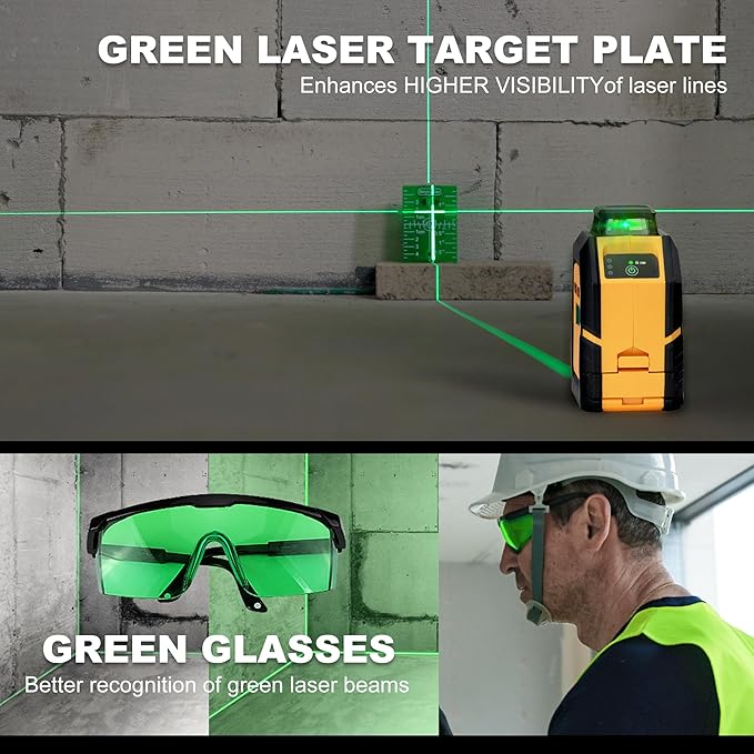 PREXISO 360° Laser Level with Tripod, 100Ft Cross Line Leveler- Green Horizontal Line Laser Level Self Leveling for Construction, Floor Tile Renovation with Target Plate, Green Glasses, 4 AA Batteries