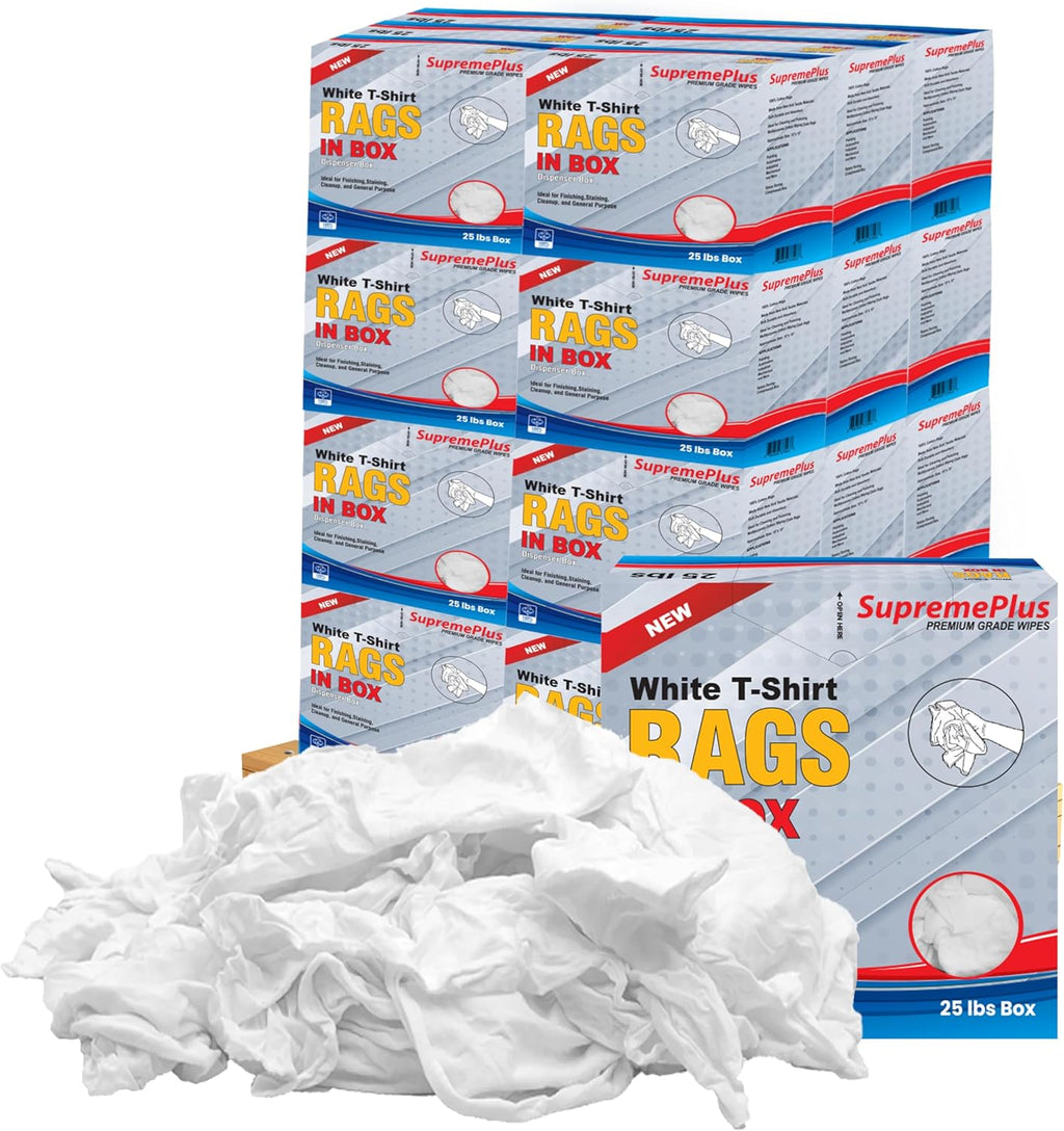 Premium White T-Shirt Cleaning Rags (600 lbs. Pallet 24x25 lbs. Compressed Box of Rags) – White Cotton Cloths for Cleaning, Staining, Painting, Oil, Grease & Dust Removal