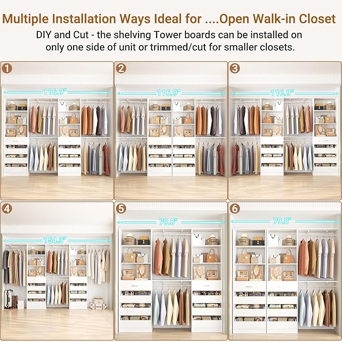 Aheaplus Closet System with 8 Wooden Drawers, Wood Closet Organizer System with Tower, Walk-in Closet Organizer Wardrobe Clothes Rack with 4 Hanging Rods, Garment Rack, Cut to Fit 7-12Ft, White