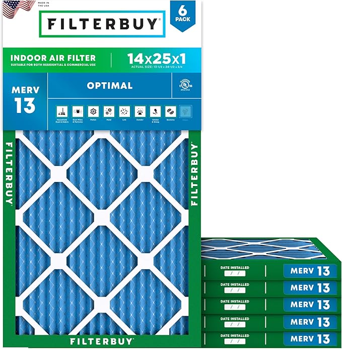Filterbuy 14x25x1 Air Filter MERV 13 (MPR 1900) Health Defense Replacement (6-Pack), Electrostatic Pleated HVAC AC Furnace Filters, Made in USA (Actual Size: 13.50 x 24.50 x 0.75)
