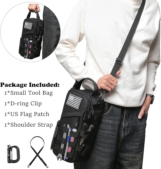 12-Inch Heavy Duty Small Tool Bag with D-Ring Clip,Flag Patch&Shoulder Strap - Small Tactical Molle Zipper Tool Bag,EDC Storage Tool Bags for Men,Multipurpose Utility Work Organizer Bag