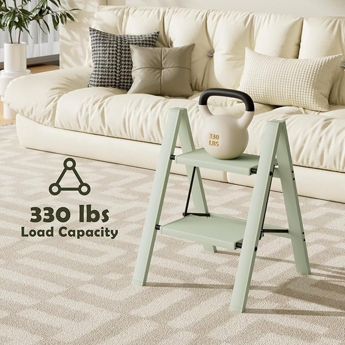 Taranta 2 Step Ladder,Aluminum Lightweight Folding 2 Step Stool with Anti-Slip Wide Pedal,330lbs Capacity Step Ladder for Household,Kitchen,Office - Fairyland Green