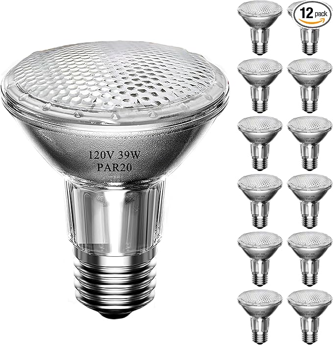 Par20 Halogen Flood Light Bulb, 39W 120V PAR20 Light Bulb, Dimmable, E26 Base, 2700K Warm White, 3000 Hours for Indoor Range Hood, Track Oven, Ceiling Can Lamp（12Pack）