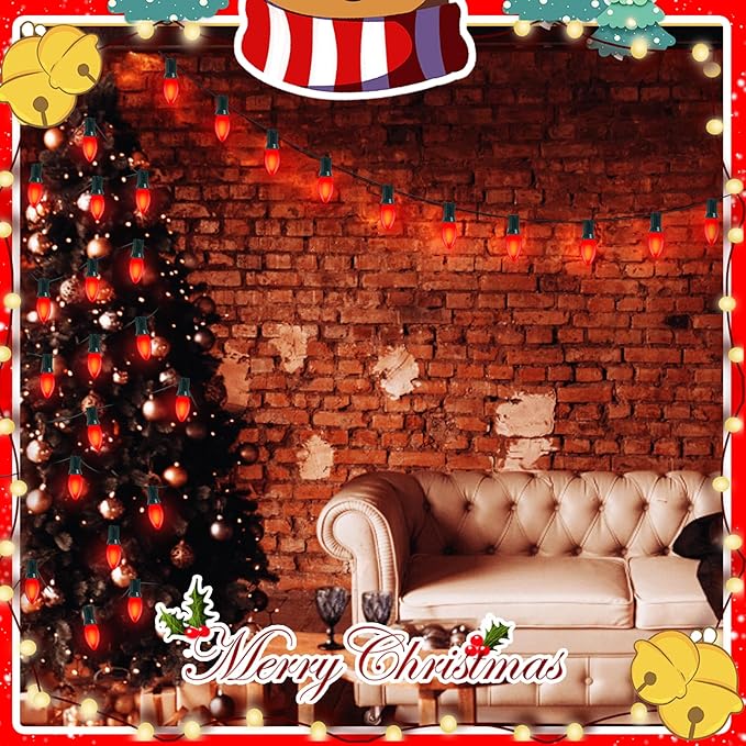 25 Pack Red Christmas Light Bulbs,C9 Glass Incandescent Red Replacement Bulbs for Night Light,C9/E17 Candelabra Base 7 Watt Great for Outdoor Indoor Holiday Christmas Valentine String Lights