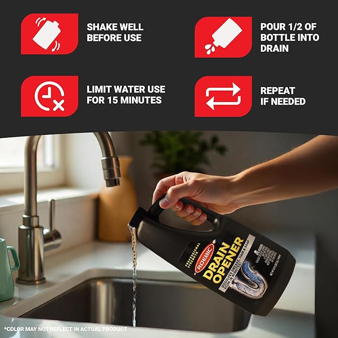 Roebic Liquid Drain Cleaner, Kitchen Sink Grease and Pipe Clog Remover, Professional Strength, 32 fl oz (1 Quart)