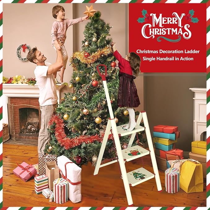 3 Step Ladder, Christmas Tree 3 Step Ladder with Single-Handrail, 3 Step Stool with Anti-Slip Pedals for Home Kitchen,Xmas Decoration Ladder for Tree and Holiday Decoration,600lbs Max Load Capacity