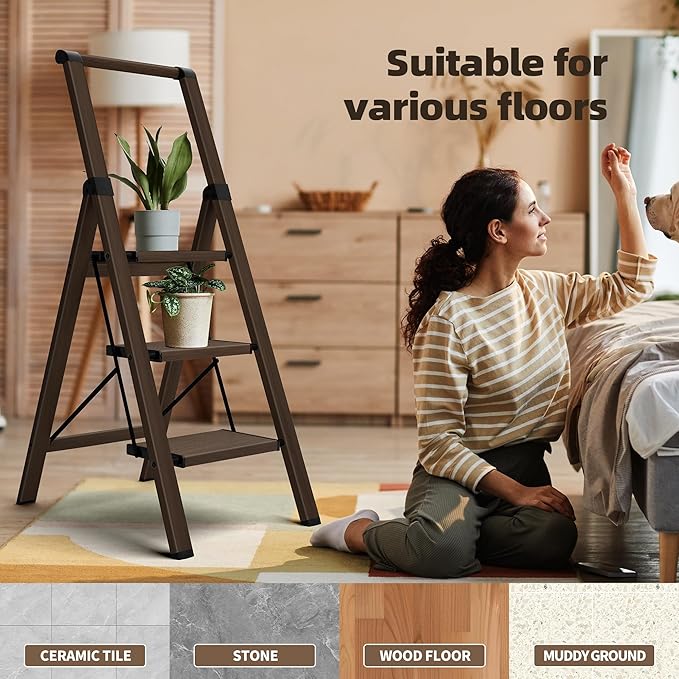 HillhutApex 3 Step Foldable Aluminum Step Ladder with Handgrip, Anti-Slip Pedal, 330lbs Capacity, Lightweight & Portable for Home, Kitchen, Office, Garage (Walnut)