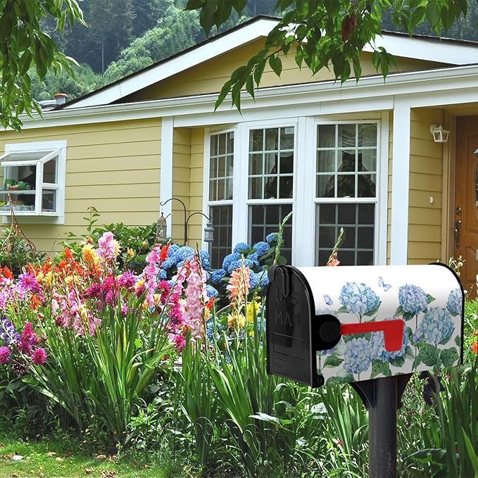 Hydrangea Flowers Magnetic Mailbox Cover Spring Summer Blue Floral Mailbox Covers Standard Size 18 x 21 Inch Outdoor Letter Post Box Wraps for Garden Yard Home Decor