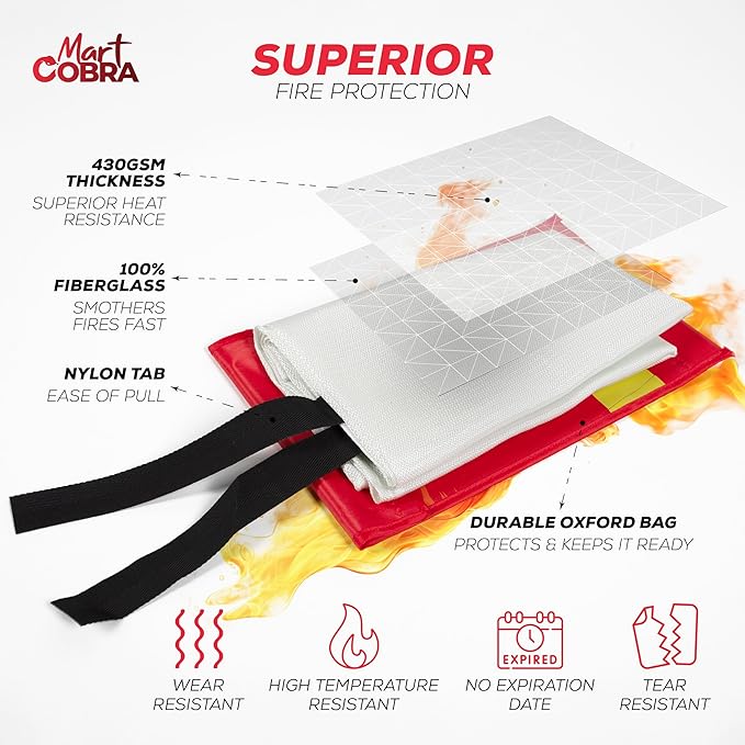 Mart Cobra Emergency Fire Blanket for Home and Kitchen - 1 Pack - Fire Blankets Emergency for Home Safety 40” x 40” - Suppression Shield Retardant Extinguisher Fiberglass Welding Fireproof Cloth Towel