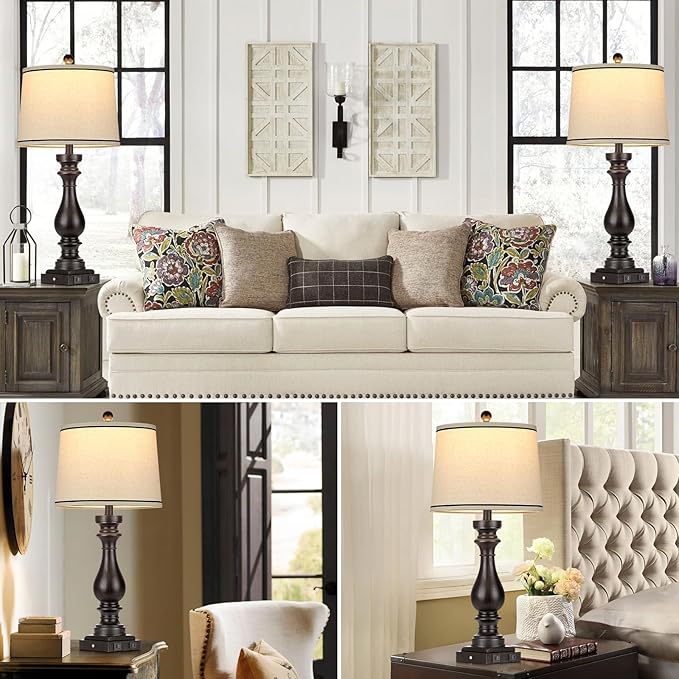 29" Tall Table Lamp for Living Room Set of 2,Farmhouse Vintage Bedside Nightstand Lamps with USB C+A Ports & AC Outlet,3-Way Dimmable Touch Control Retro Black Lamp for Bedroom,Color 5