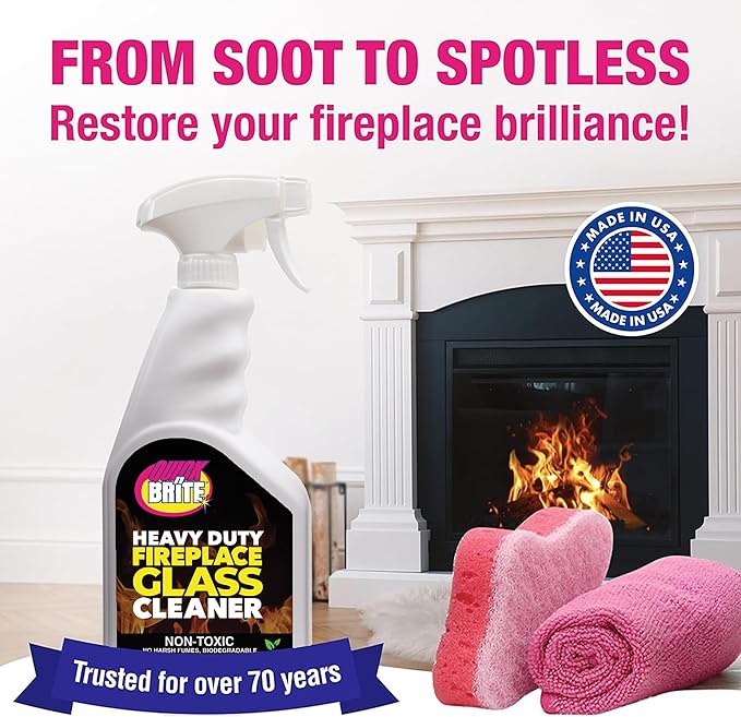 Quick N Brite Fireplace Glass Cleaner 24oz, with Sponge and Microfiber Towel