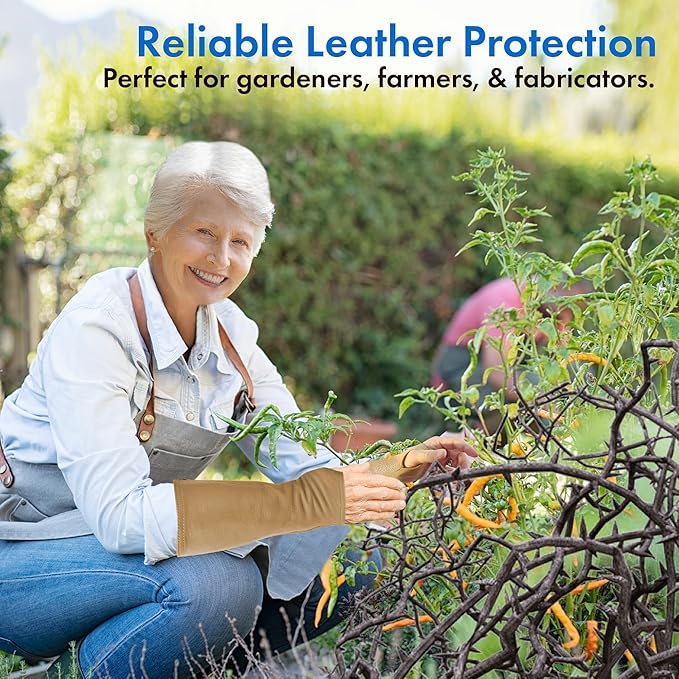 Arm Chaps Leather Protective Sleeves Arm Guard - Prevent Cuts, Scratches & Bruises - Genuine Cowhide - Ideal for Gardening & Construction - Left & Right Form-Fitting. Tan (1 Pair/Large).