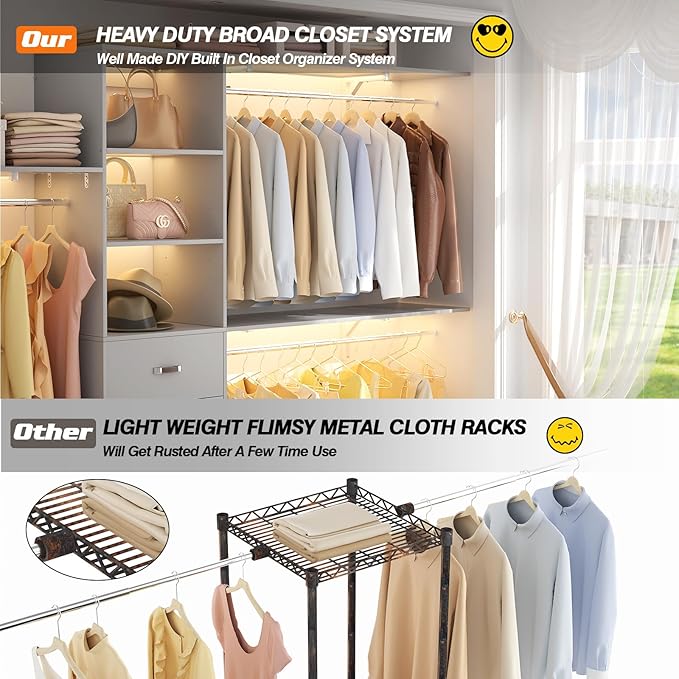 Armocity 120 Inches Closet System, 10FT Walk In Closet Organizer with 3 Shelving Towers, Heavy Duty Clothes Rack with 3 Drawers, Built-In Garment Rack, 120" L x 16" W x 75" H, Max Load 1300 LBS, Grey