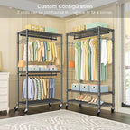 FUTASSI P1 Heavy Duty Garment Rack, 3 Tiers Adjustable Rolling Metal Closet Organizer with Lockable Wheels, FreeStanding Wardrobe with Double Hanger Rods & 1 Pair Hooks, Max Load 450 LBS, Gray