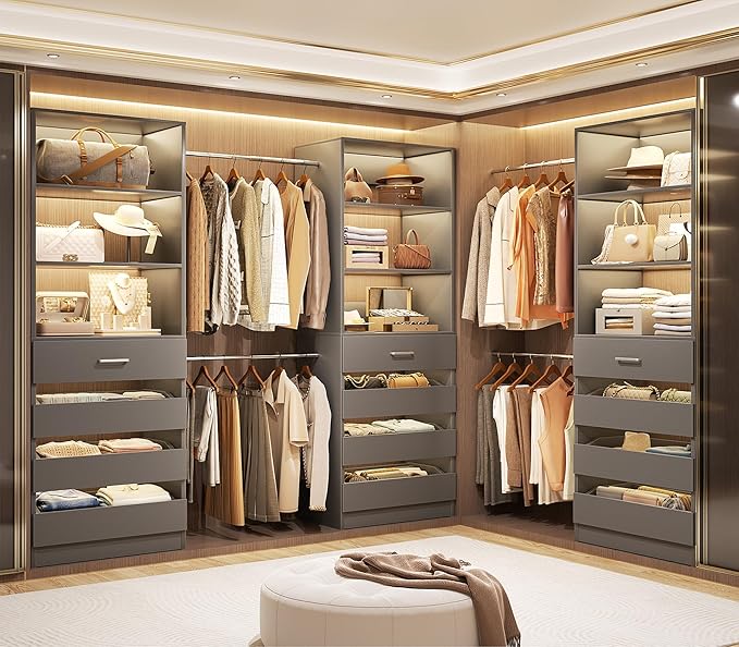 Aheaplus Closet System with 12 Drawers, 8.5-11.5Ft Wood Closet Organizer System with 4 Hanging Rods & 3 Towers, 4Ft & 6Ft L-Shaped Walk-in Closets Wardrobe Organizer Clothes Rack, Set of 3, Grey1