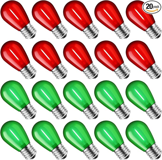 Minetom S14 LED Christmas Replacement Light Bulbs, UL Listed, 1 Watt E26 Medium Base Plastic Shatterproof LED Edison Bulbs, Easily Screw in Strings Spools Strands, Red & Green, 20 Pack